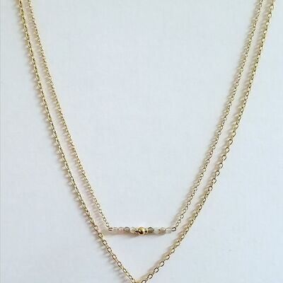 Double row necklace in golden stainless steel, Botswana Agate with mother-of-pearl pendant