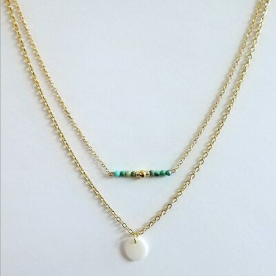 Double row necklace in gold stainless steel, African Turquoise with mother-of-pearl pendant