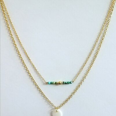 Double row necklace in gold stainless steel, African Turquoise with mother-of-pearl pendant