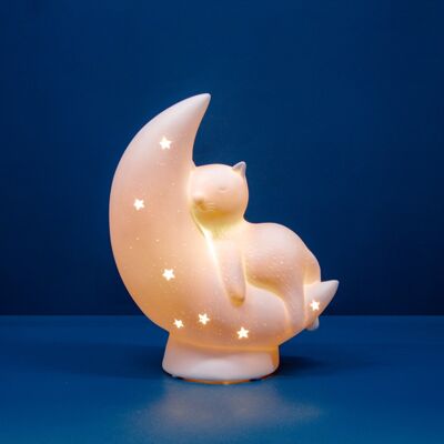 Lámpara de Noche Infantil de Porcelana Diseño Gato en la Luna