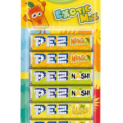PEZ BLISTER 8 RECHARGES de bonbons PEZ au goût EXOTIC MIX-2x Banane, 2xMango, 2xNashi, 2xLychee