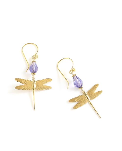 Gold dragonfly earrings with Tanzanite drops
