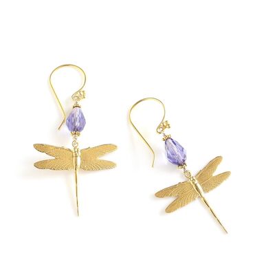 Gold dragonfly earrings with Tanzanite Swarovski drops