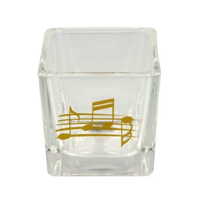 candelero de cristal cuadrado con nota musical y nota en color dorado