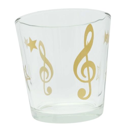 weihnachtliches Teelichtglas mit Violinschlüssel und Sternen, Windlicht Farbe gold