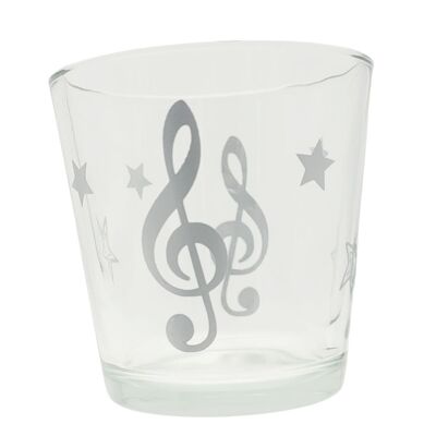 weihnachtliches Teelichtglas mit Violinschlüssel und Sternen, Windlicht Farbe silber
