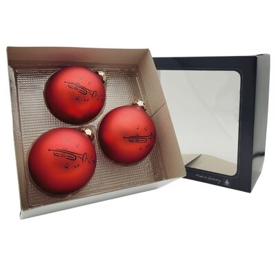 Set de 3 bolas navideñas con estampado de trompetas, color rojo mate