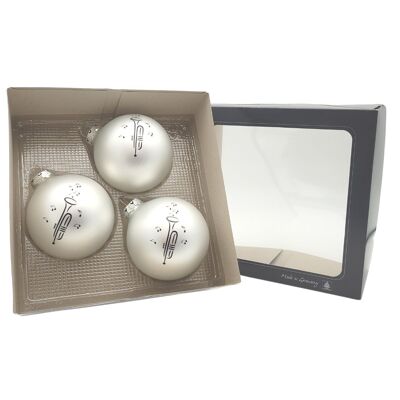 Set de 3 bolas navideñas con estampado de trompetas, color plata mate