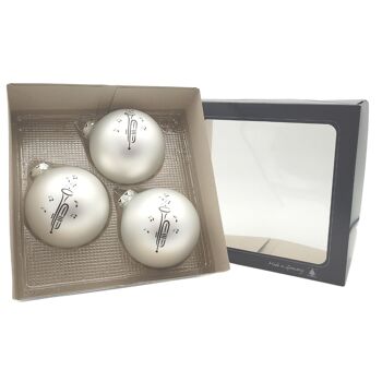 Lot de 3 boules de Noël avec un imprimé trompette, couleur argent mat 1