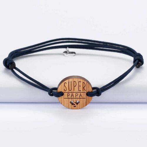 Bracelet Papa homme médaille gravée bois ronde - Edition spéciale "Papa super héros"
