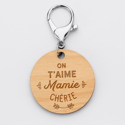 Porte-clés bois médaille ronde - Edition spéciale "On t'aime Mamie Chérie"
