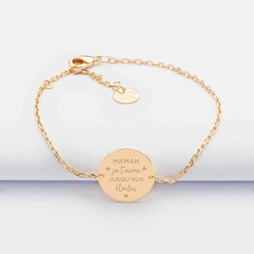 Bracelet chaine médaille gravée plaquée or 2 trous - "Je t'aime jusqu'aux étoiles"