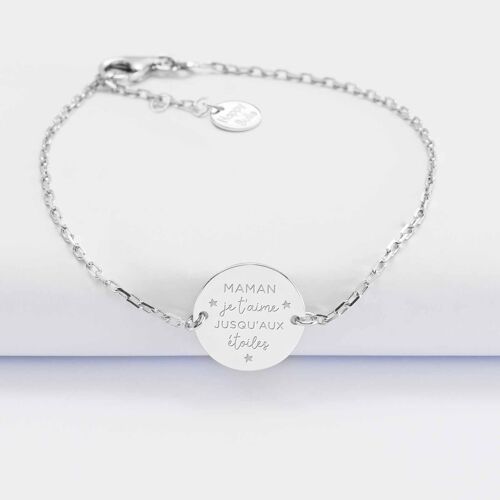 Bracelet chaine médaille gravée argent 2 trous - "Je t'aime jusqu'aux étoiles"