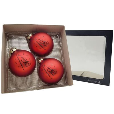 Set of 3 Christmas baubles with violin print, color red matt