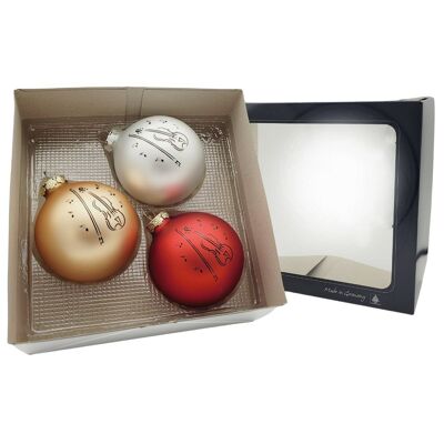 Set of 3 Christmas baubles with violin print, color red/gold/silver