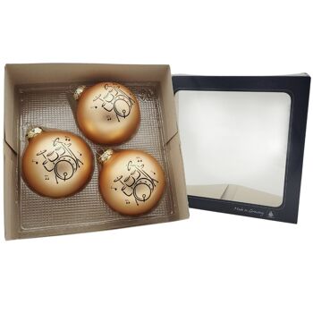 Set de 3 boules de Noël avec imprimé tambours, couleur or vieilli mat 1