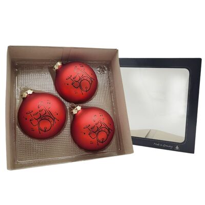 Set di 3 palline di Natale con stampa tamburi, colore rosso opaco
