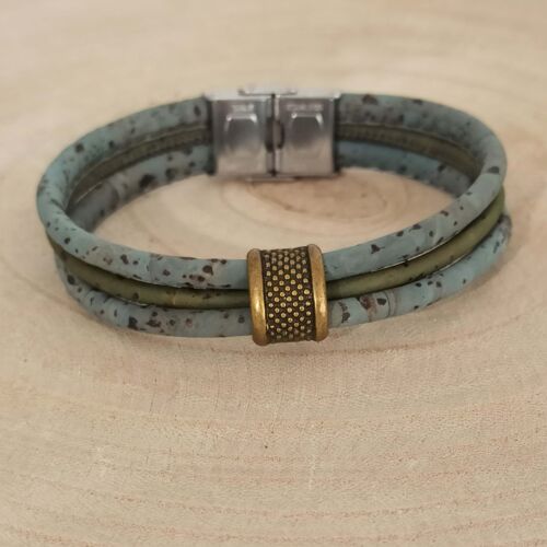 Bracelet en liège homme Aron - Bleu-gris et vert - Idée cadeau végan