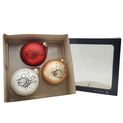 Set de 3 boules de Noël avec imprimé tambours, couleur rouge/or/argent