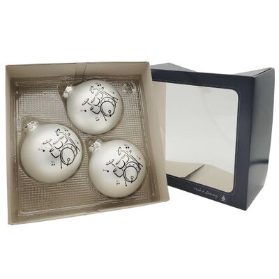 Set of 3 Christmas baubles with drums print, matt silver colour