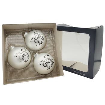 Set de 3 boules de Noël avec imprimé tambours, couleur argent mat 1