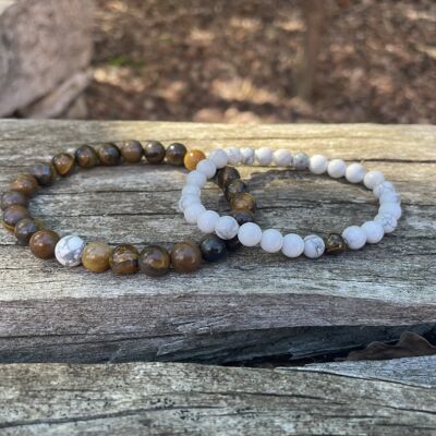 Elastic distance and couple bracelets in white Howlite and Tiger's Eye