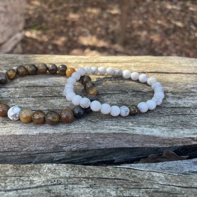 Elastic distance and couple bracelets in white Howlite and Tiger's Eye