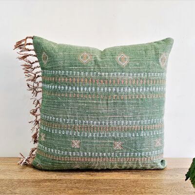 Green Embroidered Throw Pillow Linen Cushion Cover
