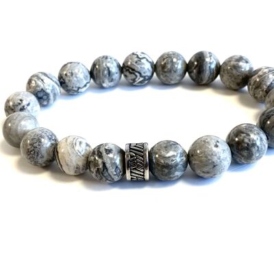 Bracelet homme pierre naturelle grise avec perle en acier inoxydable