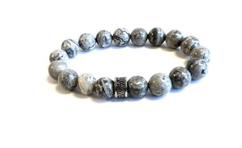 Bracelet homme pierre naturelle grise avec perle en acier inoxydable
