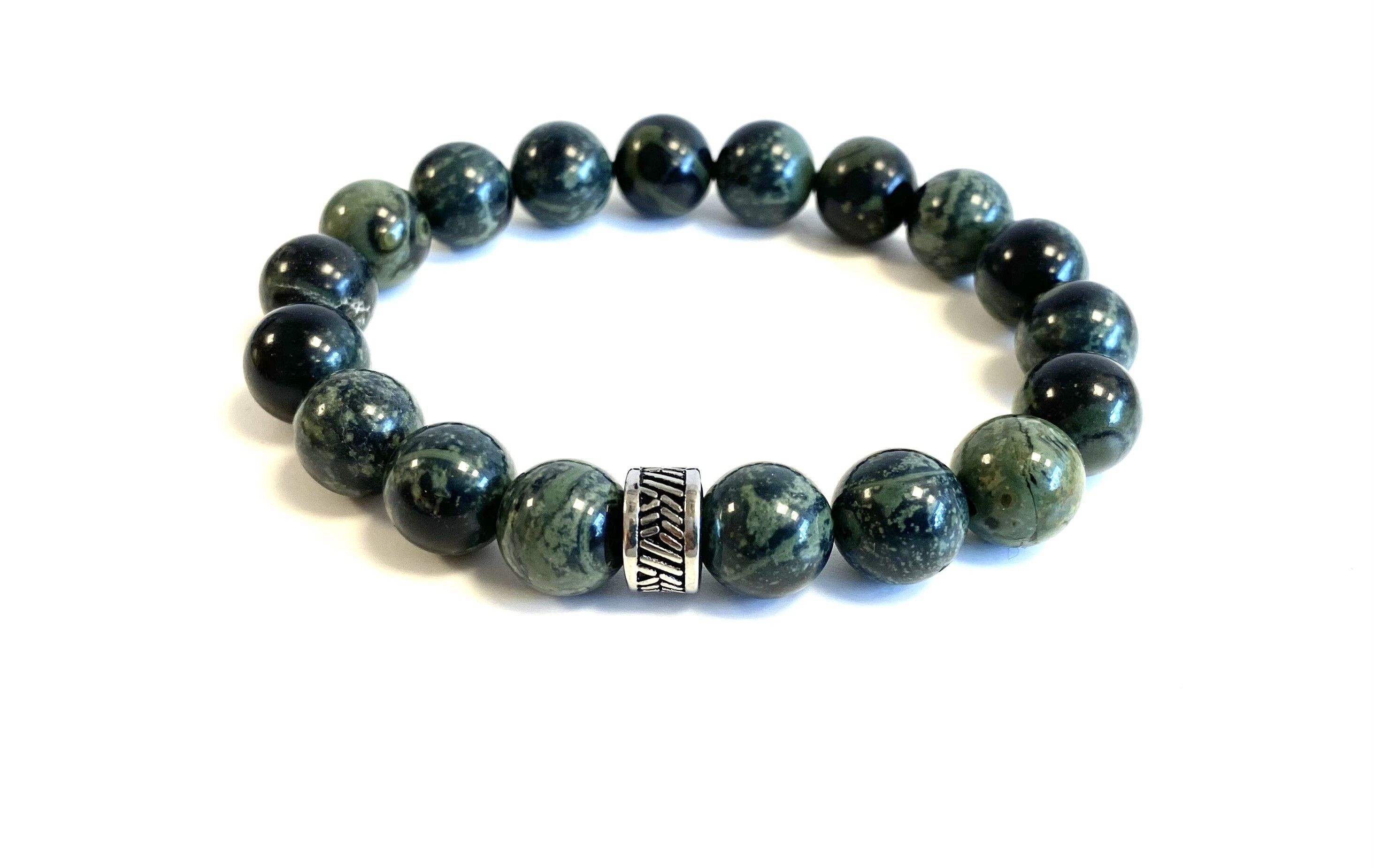 Bracciale da uomo kambaba verde con perlina in acciaio inossidabile