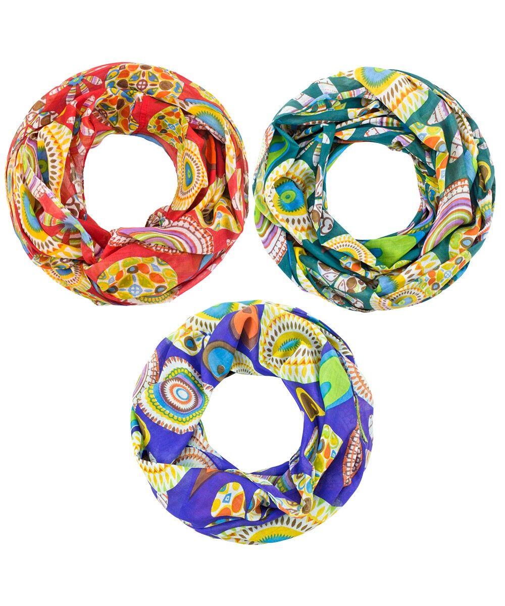 Sunsa set of 3 summer loop scarves made of 100% cotton. Tube scarf with mandala design