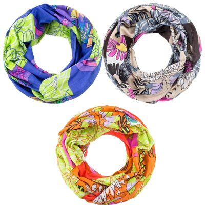 Sunsa set of 3 summer loop scarves made of 100% cotton. Flower design snood