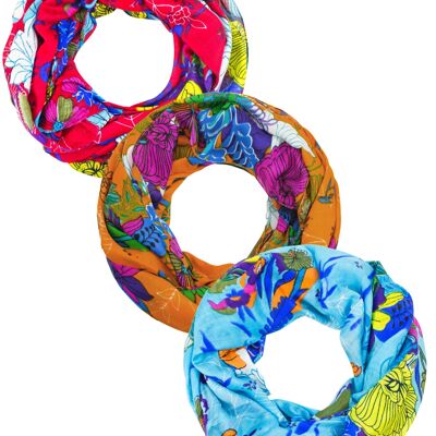 Sunsa set of 3 summer loop scarf made of 100% viscose. Flower design snood