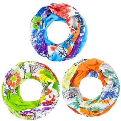 Sunsa set of 3 summer loop scarves made of 100% cotton. Flower design snood