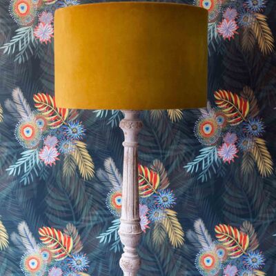 Mustard velvet lampshade with tropical breeze print inner
