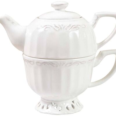 Completo Tazza E Teiera In Porcellana Bianca Shabby L18xpr11