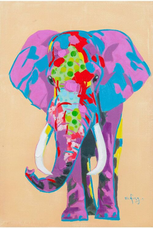 Quadro Olio Su Tela Dipinto A Mano Elefante Multicolor