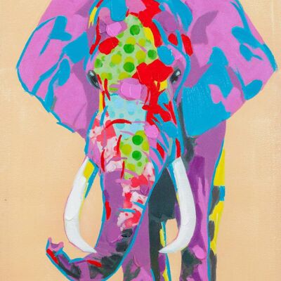Quadro Olio Su Tela Dipinto A Mano Elefante Multicolor