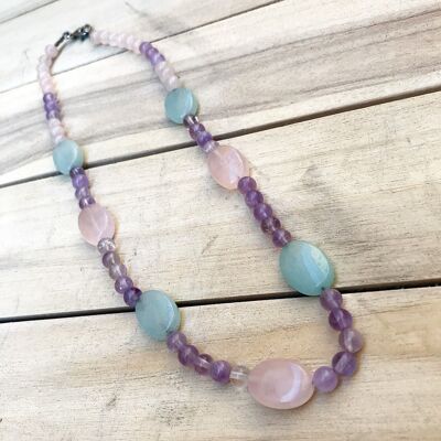 Collier quartz rose, amazonite & améthyste