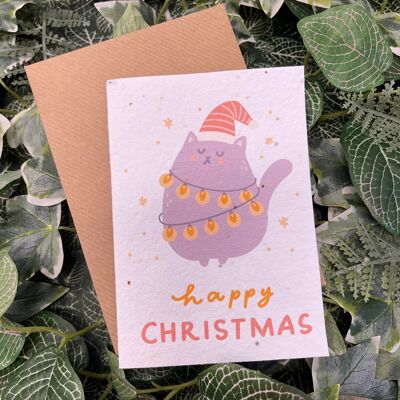 Christmas purple cat plantable card