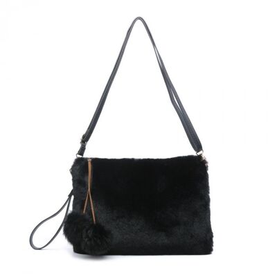Ladies Faux Fur Crossbody Bag Stylish  Soft Puffer Ball Charm  Shoulder Bag with Adjustable Shoulder Strap-HF71105 black