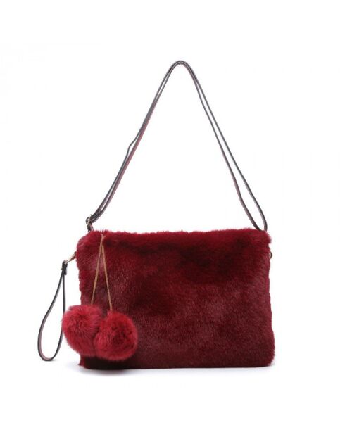 Ladies Faux Fur Crossbody Bag Stylish  Soft Puffer Ball Charm  Shoulder Bag with Adjustable Shoulder Strap-HF71105 wine