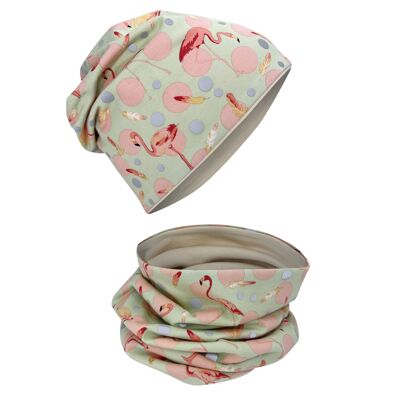 HECKBO children's hat & loop scarf set - flamingo & feathers - with 360° reflector dots - 2-8 years - 95% cotton - soft & easy-care stretch material - girls' beanie