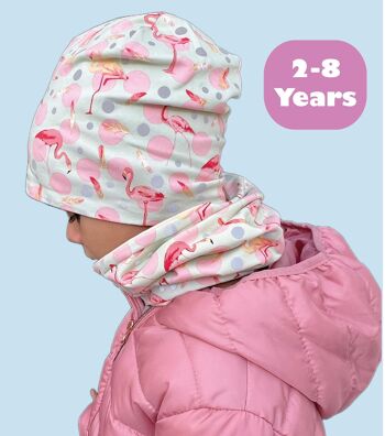 Ensemble bonnet & écharpe boucle enfant HECKBO - flamant rose & plumes - avec pois réfléchissants 360° - 2-8 ans - 95% coton - matière stretch douce & facile d'entretien - bonnet fille 4