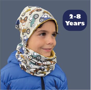 Ensemble bonnet & écharpe boucle enfant HECKBO - tracteur agricole - avec réflecteurs 360° sur jantes pneus - 2-8 ans - 95% coton - matière stretch douce & facile d'entretien - bonnet garçon 3