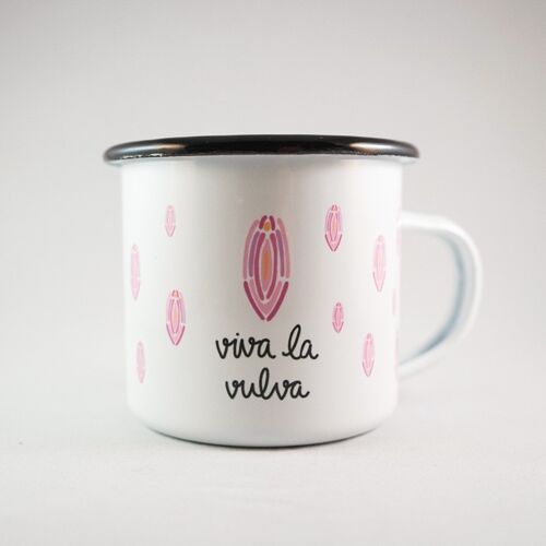 Emaille Tasse Trinkgefäß "viva la vulva" handbedruckt weiß schwarz 12oz