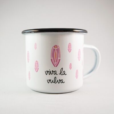 Vaso de esmalte para beber "viva la vulva" estampado a mano blanco negro 12oz