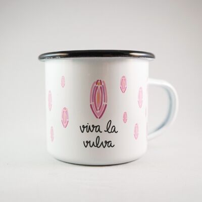 Enamel cup drinking vessel "viva la vulva" handprinted white black 12oz