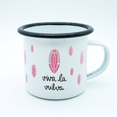 Vaso de esmalte para beber "viva la vulva" estampado a mano blanco negro 12oz